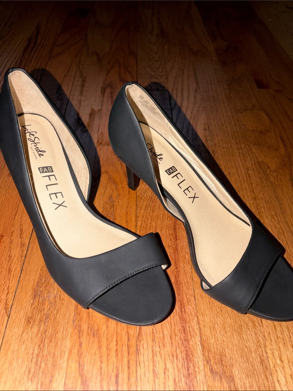 Life Stride Black Open-Toe Mid Heel Pumps